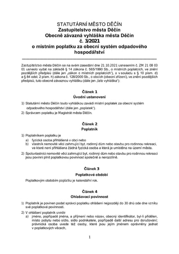 03/2021 - Obecně závazná vyhláška města Děčín o místním poplatku za obecní systém odpadového hospodářství