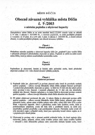 09/2003 - Obecně závazná vyhláška města Děčín č. 9/2003 o místním poplatku z ubytovací kapacity