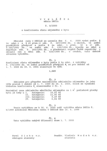 09/2000 - Obecně závazná vyhláška města Děčín č. 9/2000 o koeficientu růstu nájemného z bytu