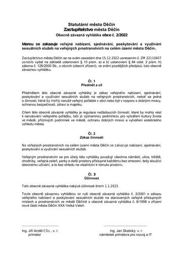 02/2022 - Obecně závazná vyhláška statutárního města Děčín, kterou se zakazuje veřejné nabízení, sjednávání, poskytování a využívání sexuálních služeb na veřejných prostranstvích na celém území města Děčín