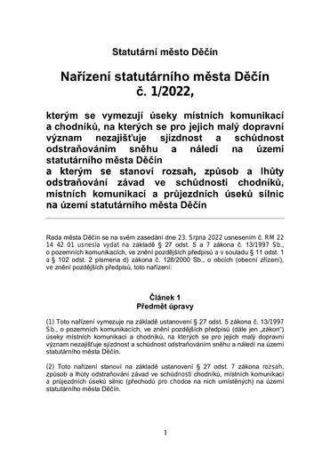 01/2022 - Nařízení statutárního města Děčín o provádění zimní údržby na místních komunikacích na území statutárního města Děčín