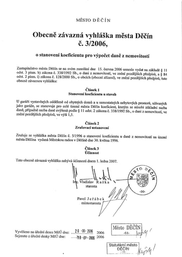 03/2006 - Obecně závazná vyhláška města Děčín č. 3/2006 o stanovení koeficientu pro výpočet daně z nemovitostí