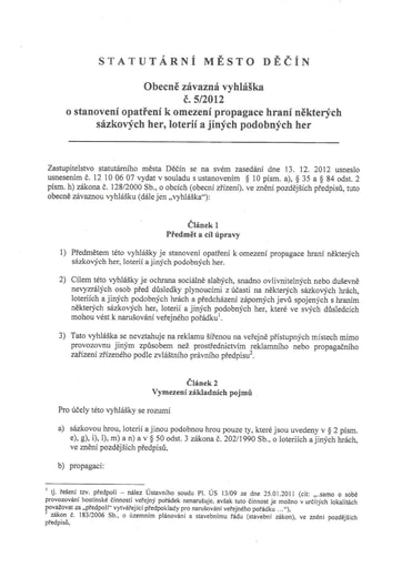 05/2012 - Obecně závazná vyhláška statutárního města Děčín o stanovení opatření k omezení propagace hraní některých sázkových her, loterií a jiných podobných her