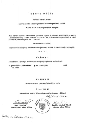 06/2002 - Nařízení města Děčín č. 6/2002, kterým se mění a doplňuje obecně závazná vyhláška města Děčín č. 3/1998 – TRŽNÍ ŘÁD, ve znění pozdějších předpisů