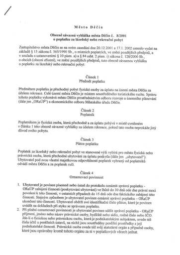 08/2001 - Obecně závazná vyhláška města Děčín č. 8/2001 o poplatku za lázeňský a rekreační pobyt