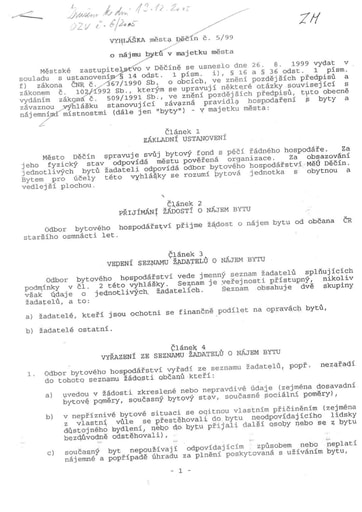 05/1999 - Obecně závazná vyhláška města Děčína č. 5/1999 o nájmu bytů v majetku města