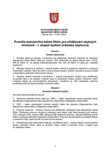 Pravidla statutárního města Děčín pro přidělování obytných místností – I. stupeň bydlení (městská ubytovna)