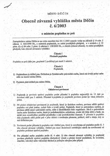 06/2003 - Obecně závazná vyhláška města Děčín č. 6/2003 o místním poplatku ze psů