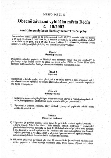 10/2003 - Obecně závazná vyhláška města Děčín č. 10/2003 o místním poplatku za lázeňský nebo rekreační pobyt