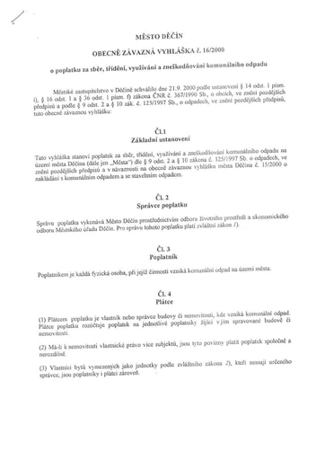 16/2000 - Obecně závazná vyhláška města Děčín č. 16/2000 o poplatku za sběr, třídění, využívání a zneškodňování komunálního odpadu