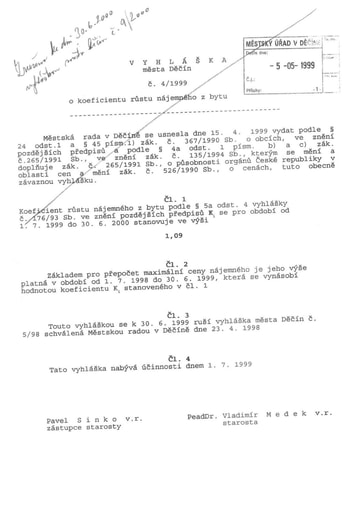 04/1999 - Obecně závazná vyhláška města Děčína č. 4/1999 o koeficientu růstu nájemného z bytu