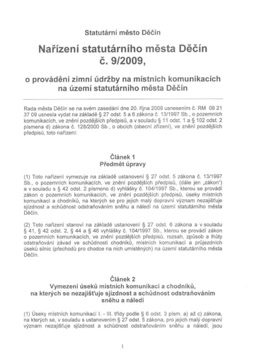 09/2009 - Nařízení statutárního města Děčín o provádění zimní údržby na místních komunikacích na území statutárního města Děčín