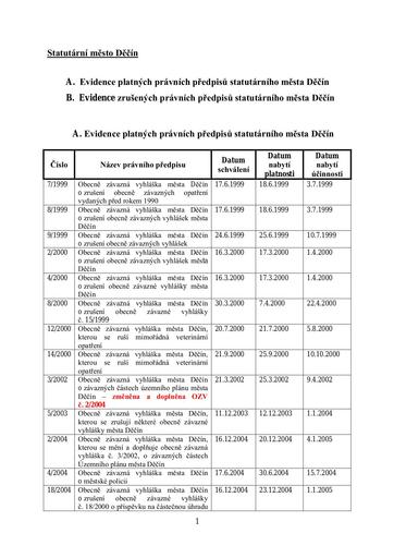 Evidence platných právních předpisů statutárního města Děčín a zrušených právních předpisů statutárního města Děčín