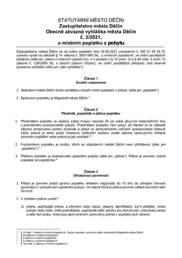 02/2021 - Obecně závazná vyhláška města Děčín o místním poplatku z pobytu