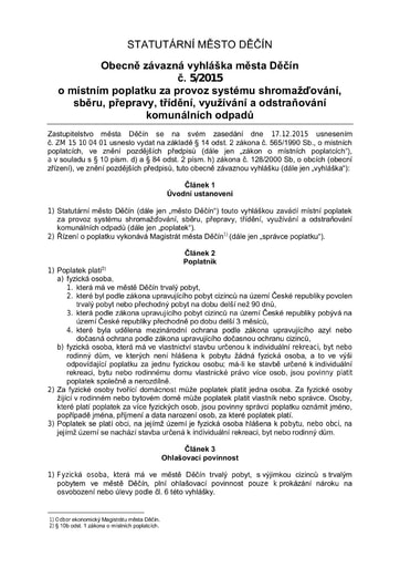 05/2015 - Obecně závazná vyhláška statutárního města Děčín o místním poplatku za provoz systému shromažďování, sběru, přepravy, třídění, využívání a odstraňování komunálních odpadů