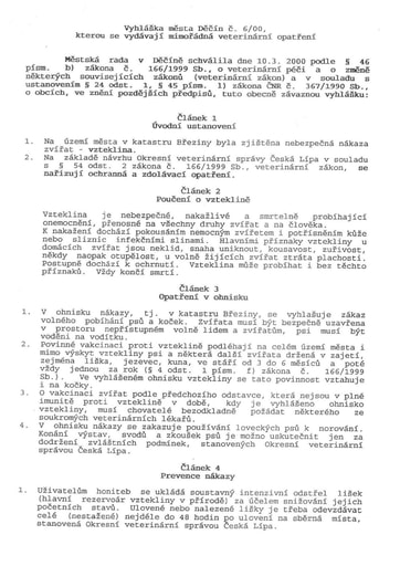 06/2000 - Obecně závazná vyhláška města Děčín č. 6/2000, kterou se vydávají mimořádná veterinární opatření