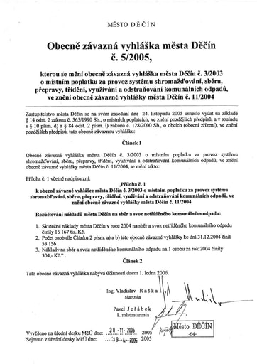 05/2005 - Obecně závazná vyhláška města Děčín č. 5/2005, kterou se mění obecně závazná vyhláška města Děčín č. 3/2003 o místním poplatku za provoz systému shromažďování, sběru, přepravy, třídění, využívání a odstraňování komunálních odpadů, ve znění obecn