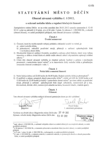01/2012 - Obecně závazná vyhláška statutárního města Děčín č. 1/2012 o ochraně nočního klidu a regulaci hlučných činností