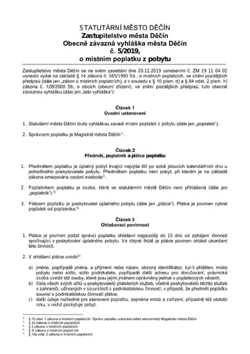 05/2019 - Obecně závazná vyhláška statutárního města Děčín o místním poplatku z pobytu
