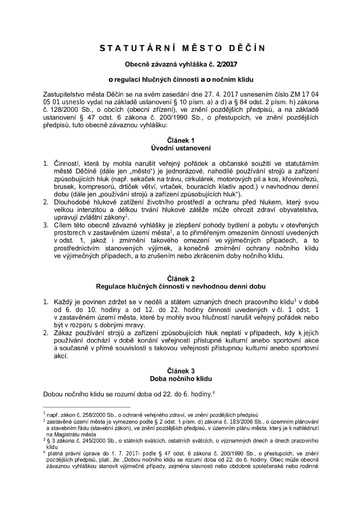 02/2017 - Obecně závazná vyhláška statutárního města Děčín o regulaci hlučných činností a o nočním klidu