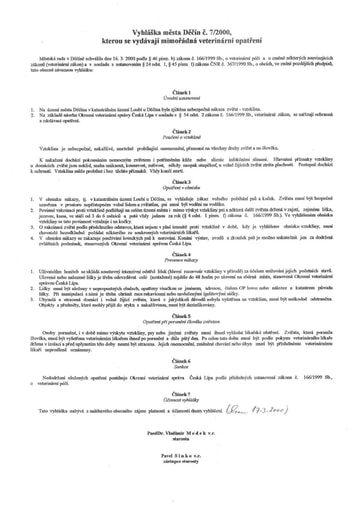 07/2000 - Obecně závazná vyhláška města Děčín č. 7/2000, kterou se vydávají mimořádná veterinární opatření