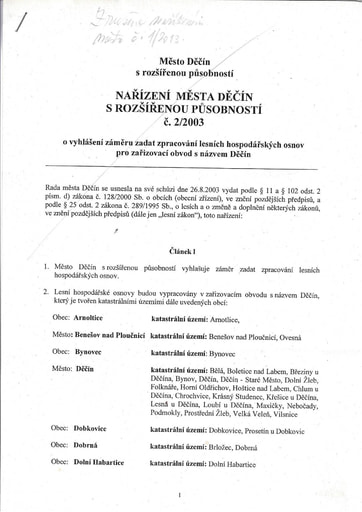 02/2003 - Nařízení města Děčín č. 02/2003 o vyhlašení záměru zadat zpracování lesních hospodářských osnov pro zařizovací obvod s názvem Děčín