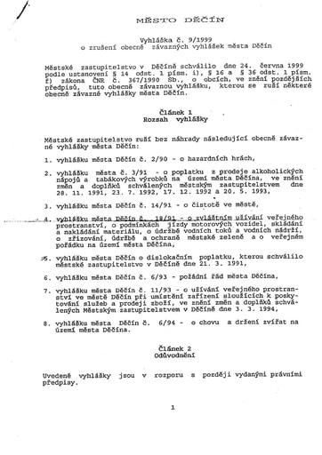 09/1999 - Obecně závazná vyhláška města Děčín o zrušení obecně závazných vyhlášek