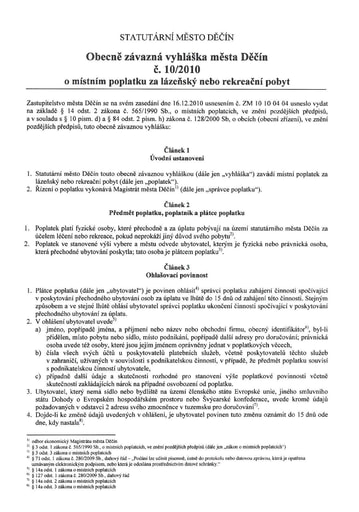 10/2010 - Obecně závazná vyhláška statutárního města Děčín o místním poplatku za lázeňský nebo rekreační pobyt