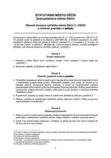 02/2023 - Obecně závazná vyhláška statutárního města Děčín o místním poplatku z pobytu