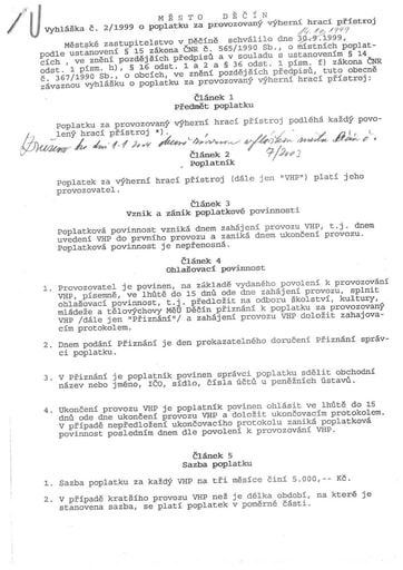 02/1999 - Obecně závazná vyhláška města Děčína č. 2/1999 o poplatku za provozovaný výherní hrací přístroj