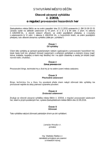 02/2019 - Obecně závazná vyhláška statutárního města Děčín o regulaci provozování hazardních her