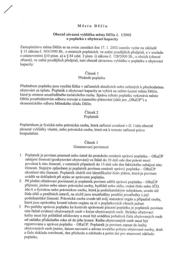 01/2002 - Obecně závazná vyhláška města Děčín č. 1/2002 o poplatku z ubytovací kapacity