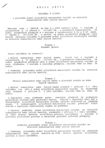 03/2000 - Obecně závazná vyhláška města Děčín č. 3/2000 o placeném stání silničních motorových vozidel na místních komunikacích nebo jejich úsecích