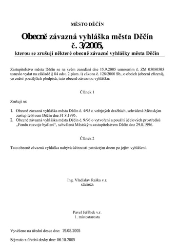 03/2005 - Obecně závazná vyhláška města Děčín, kterou se zrušují některé obecně závazné vyhlášky města Děčín