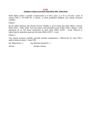08/1998 - Obecně závazná vyhláška města Děčín o zřízení nové části města Děčín XXX-Velká Veleň