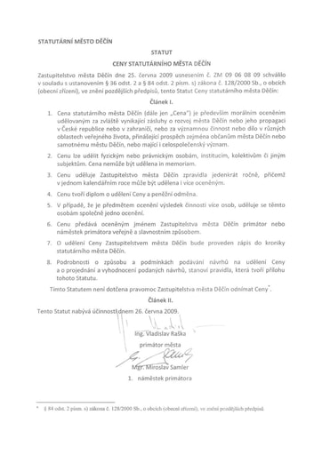 11 - Statut Ceny statutárního města Děčín včetně pravidel pro podávání návrhů na udělení Ceny statutárního města Děčín a o projednání a vyhodnocení podaných návrhů