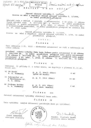 11/2000 - Obecně závazná vyhláška města Děčín č. 11/2000, kterou se mění a doplňuje obecně závazná vyhláška č. 3/98 – TRŽNÍ ŘÁD, ve znění pozdějších předpisů
