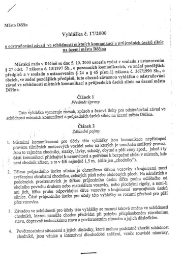 17/2000 - Obecně závazná vyhláška města Děčín č. 17/2000 o odstraňování závad ve schůdnosti místních komunikací a průjezdních úseků silnic na území města Děčína