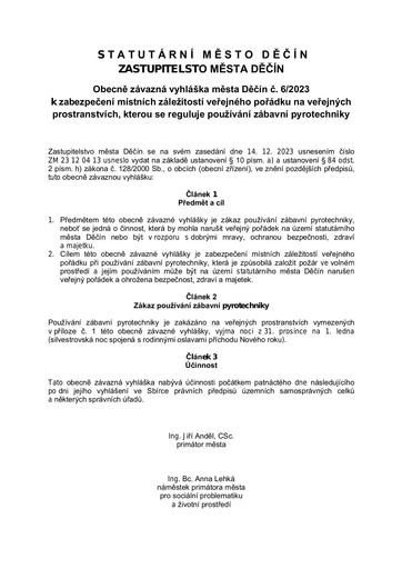 06/2023 - Obecně závazná vyhláška statutárního města Děčín k zabezpečení místních záležitostí veřejného pořádku na veřejných prostranstvích, kterou se reguluje používání zábavní pyrotechniky