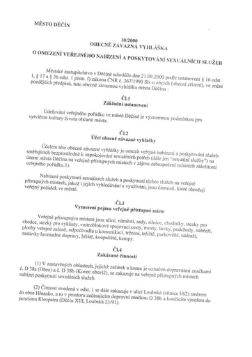 10/2000 - Obecně závazná vyhláška města Děčín č. 10/2000 o omezení veřejného nabízení a poskytování sexuálních služeb