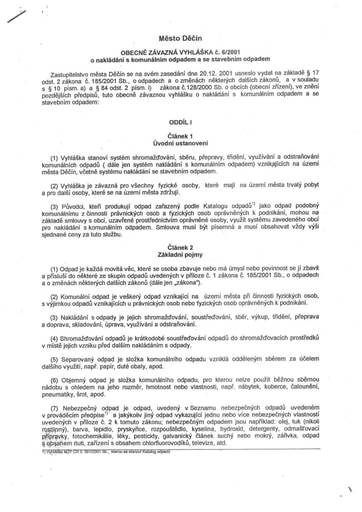 06/2001 - Obecně závazná vyhláška města Děčín č. 6/2001 o nakládání s komunálním odpadem a se stavebním odpadem