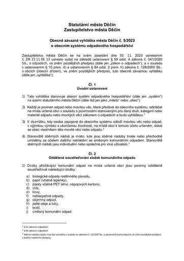 05/2023 - Obecně závazná vyhláška statutárního města Děčín o obecním systému odpadového hospodářství