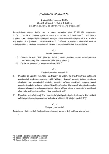01/2021 - Obecně závazná vyhláška statutárního města Děčín o místním poplatku za užívání veřejného prostranství
