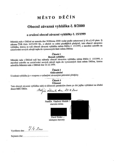 08/2000 - Obecně závazná vyhláška města Děčín o zrušení obecně závazné vyhlášky č. 15/1999