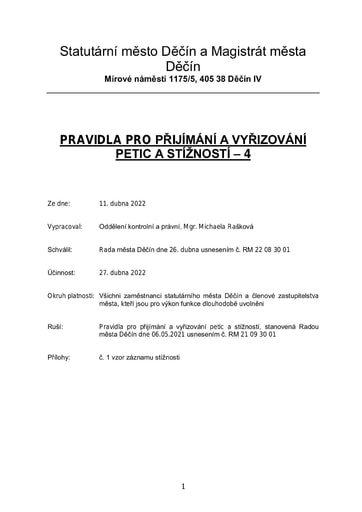 07 - Pravidla pro přijímání a vyřizování petic a stížností orgány města Děčín