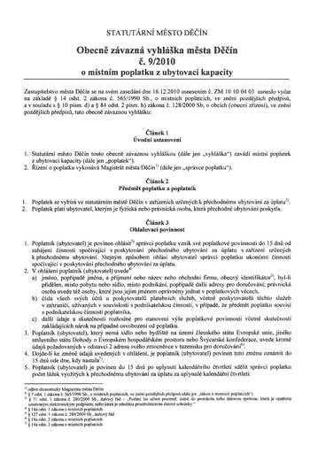 09/2010 - Obecně závazná vyhláška statutárního města Děčín o místním poplatku z ubytovací kapacity