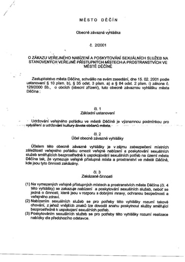 02/2001 - Obecně závazná vyhláška města Děčín o zákazu veřejného nabízení a poskytování sexuálních služeb na stanovených veřejně přístupných místech a prostranstvích ve městě Děčíně