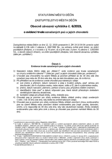 06/2019 - Obecně závazná vyhláška statutárního města Děčín o evidenci trvale označených psů a jejich chovatelů