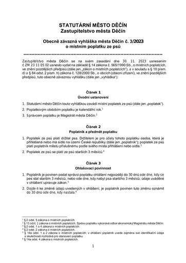 03/2023 - Obecně závazná vyhláška statutárního města Děčín o místním poplatku ze psů