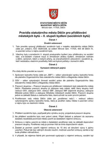 Pravidla statutárního města Děčín pro přidělování městských bytů – II. stupeň bydlení (sociálních bytů)